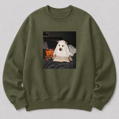 Cute Reading Ghost Dog Printed Sweatshirt | Halloween Book Lover Gift Military Green