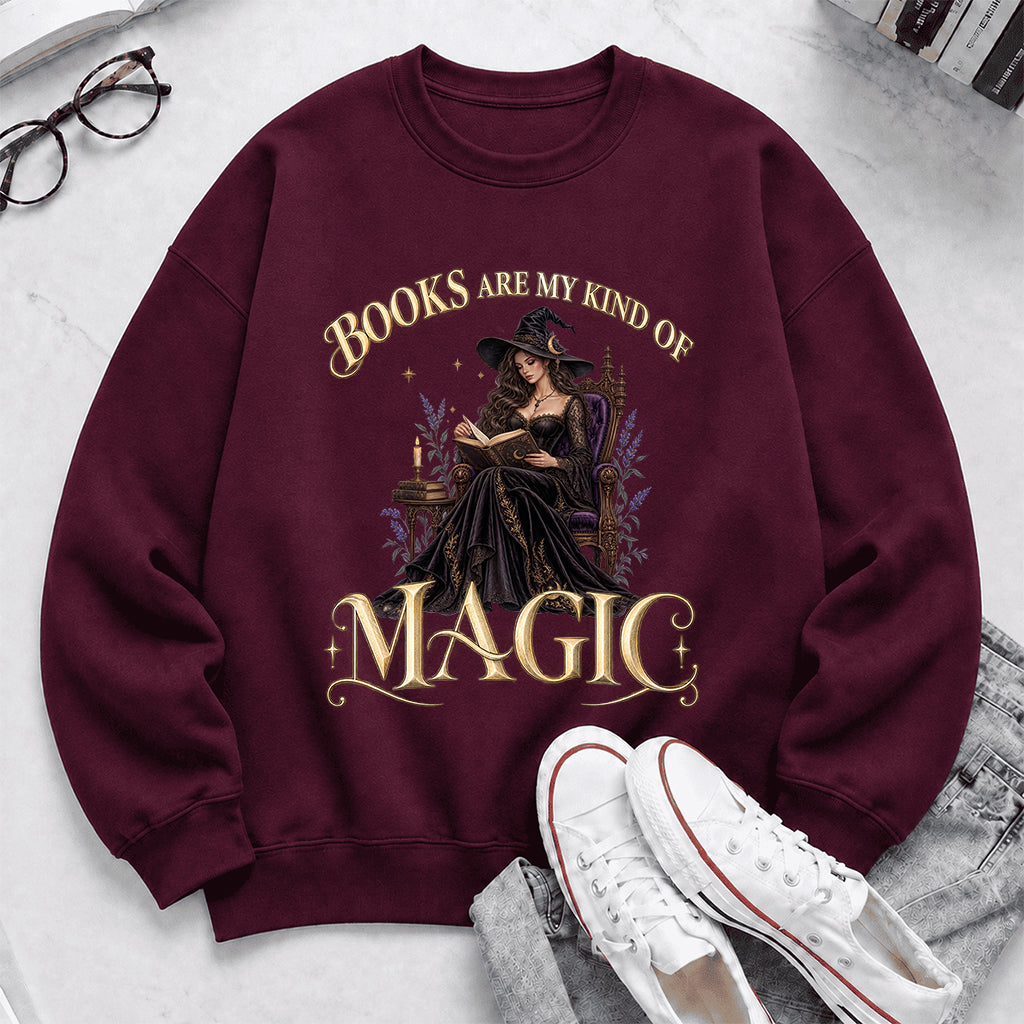 Books Are My Kind Of Magic Crewneck Sweatshirt | Halloween Literary Fantasy Book Lover Gift Maroon