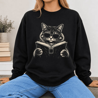 Cat Reading Book Crewneck Sweatshirt | Reader Gift Black