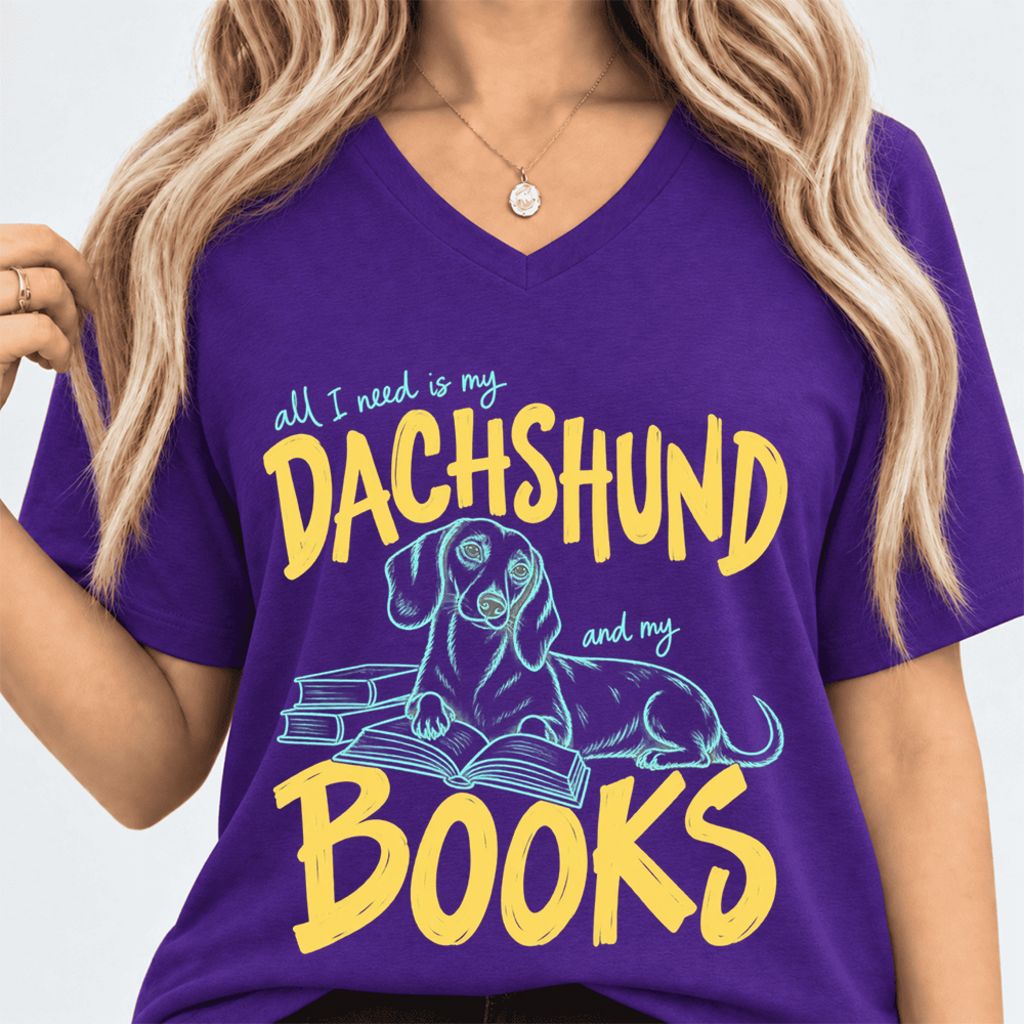 All I Need Is My Dachshund And My Books Ultra-Soft V-Neck | Dog Mom Reader Gift Team Purple