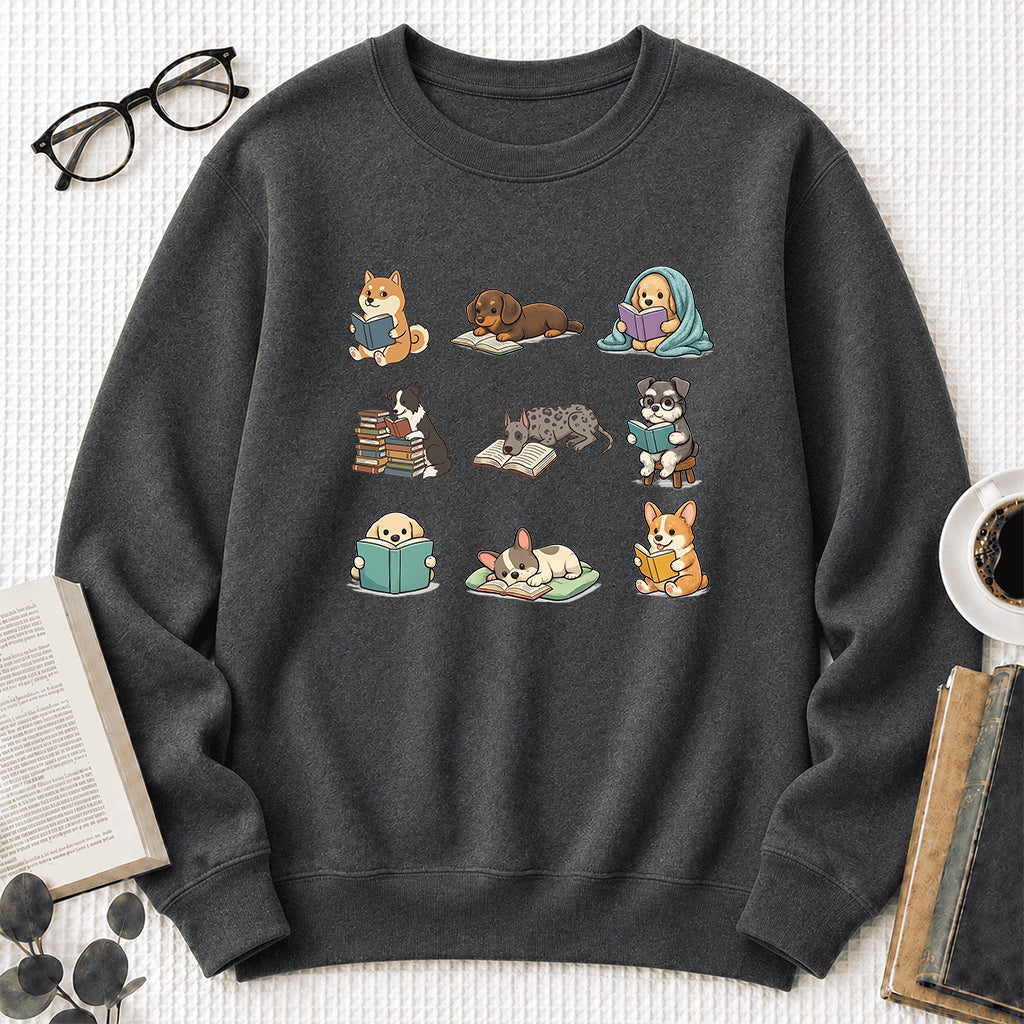 Funny Dogs Reading Crewneck Sweatshirt | Reader Gift Dark Heather
