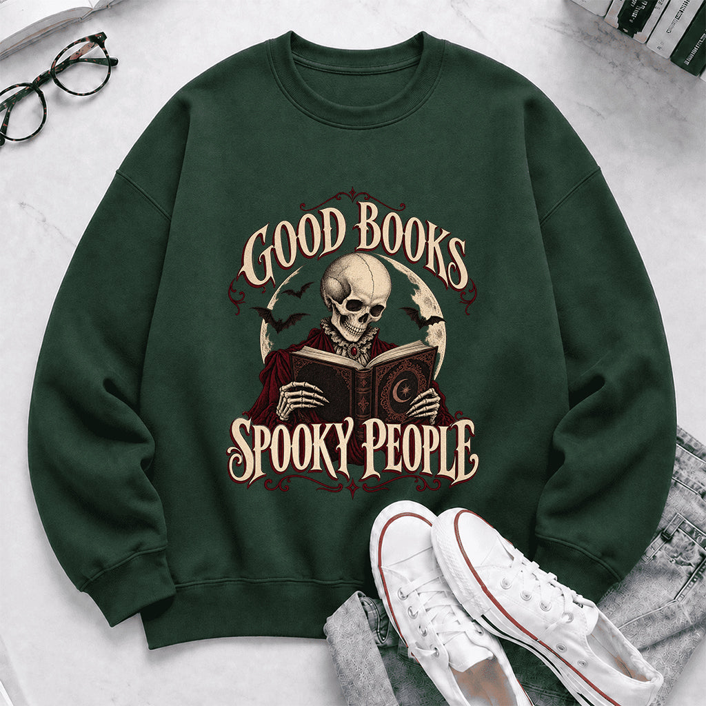 Good Books Spooky People Printed Sweatshirt | Halloween Book Lover Gift Forest Green