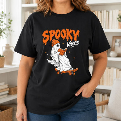 Spooky Vibes Printed T-Shirt | Halloween Book Lover Gift Black