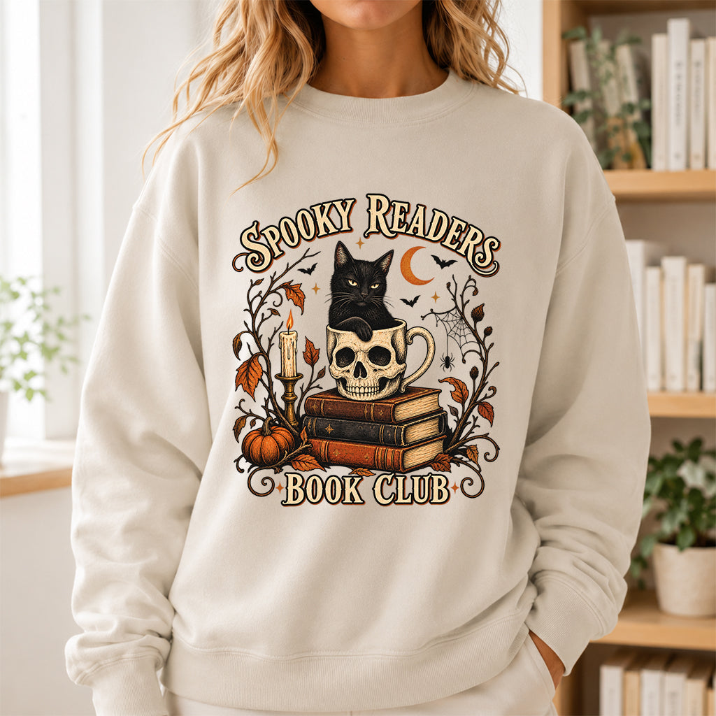 Spooky Reader Book Club Crewneck Sweatshirt | Halloween Book Lover Gift Sand