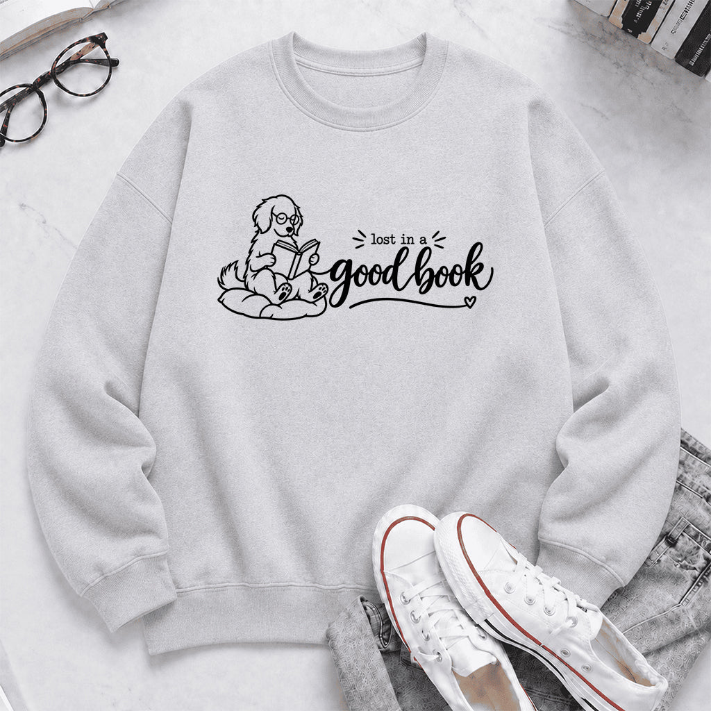 Lost In A Good Book Crewneck Sweatshirt | Dog Lover & Reader Gift Sport Grey