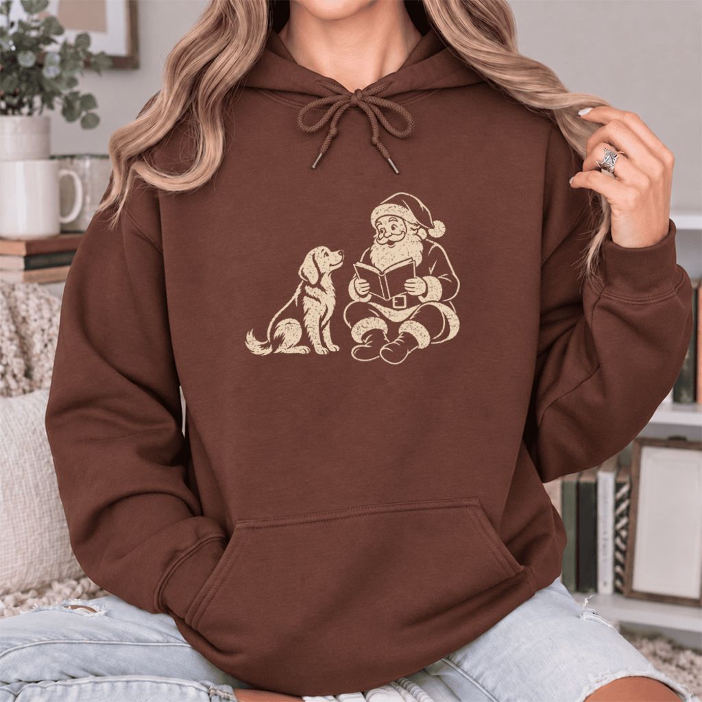 Funny Dog With Santa Christmas Softstyle Hoodie | Christmas Gift For Dog & Book Lover Cocoa