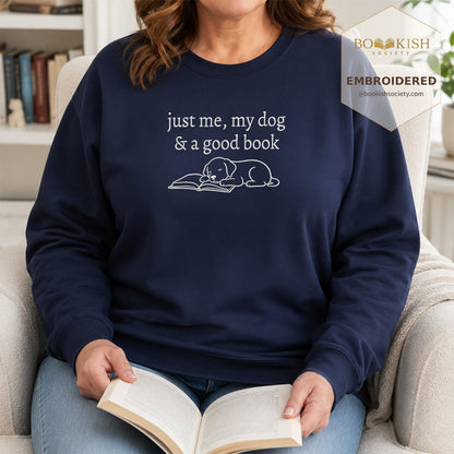 Just Me, My Dog And A Good Book Embroidered Sweatshirt | Reader Gift Navy