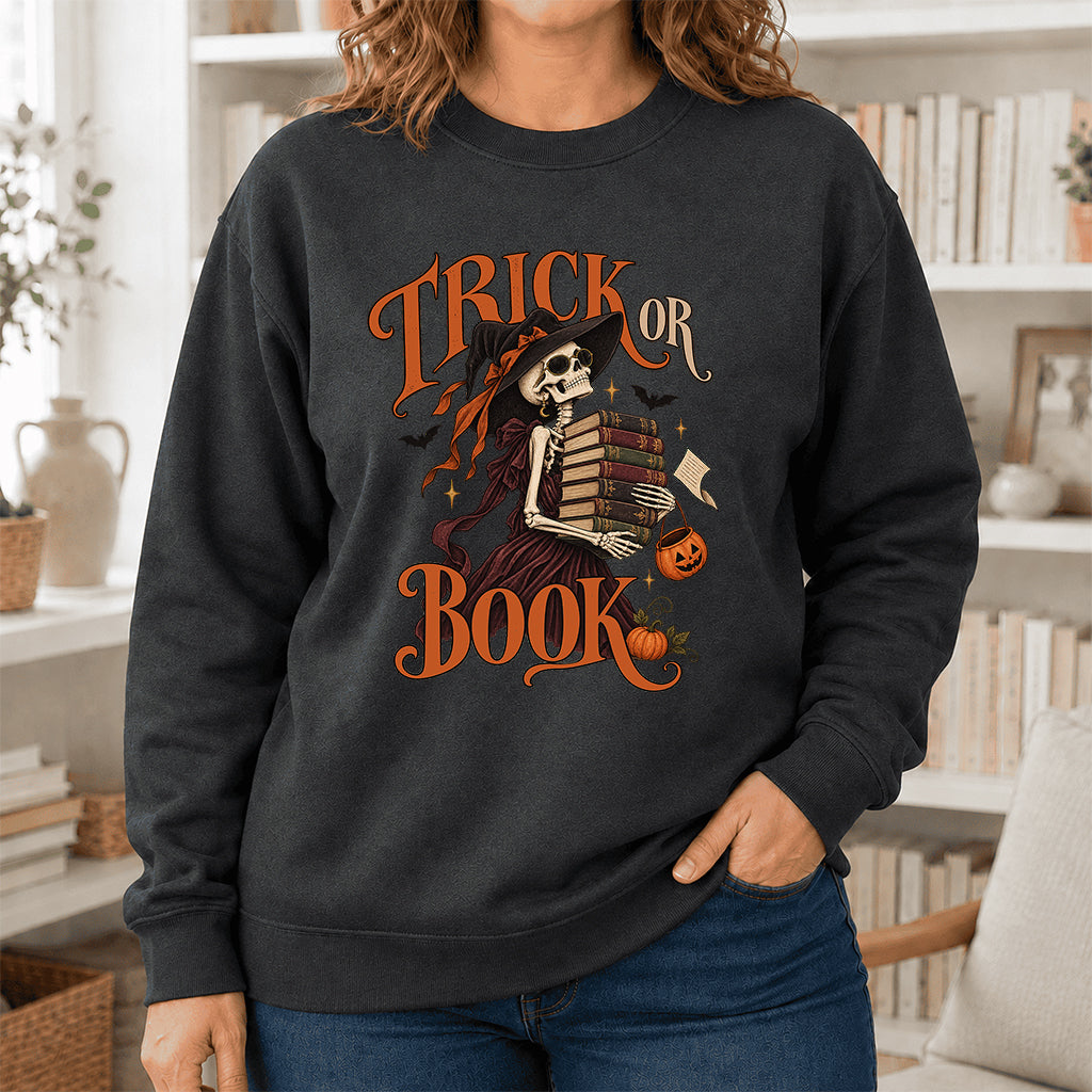 Trick Or Book Printed Sweatshirt | Halloween Book Lover Gift Dark Heather