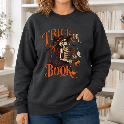 Trick Or Book Printed Sweatshirt | Halloween Book Lover Gift Dark Heather