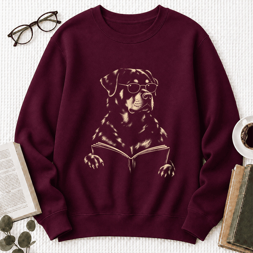 Rottweiler Reading Book Crewneck Sweatshirt | Reader Gift Maroon