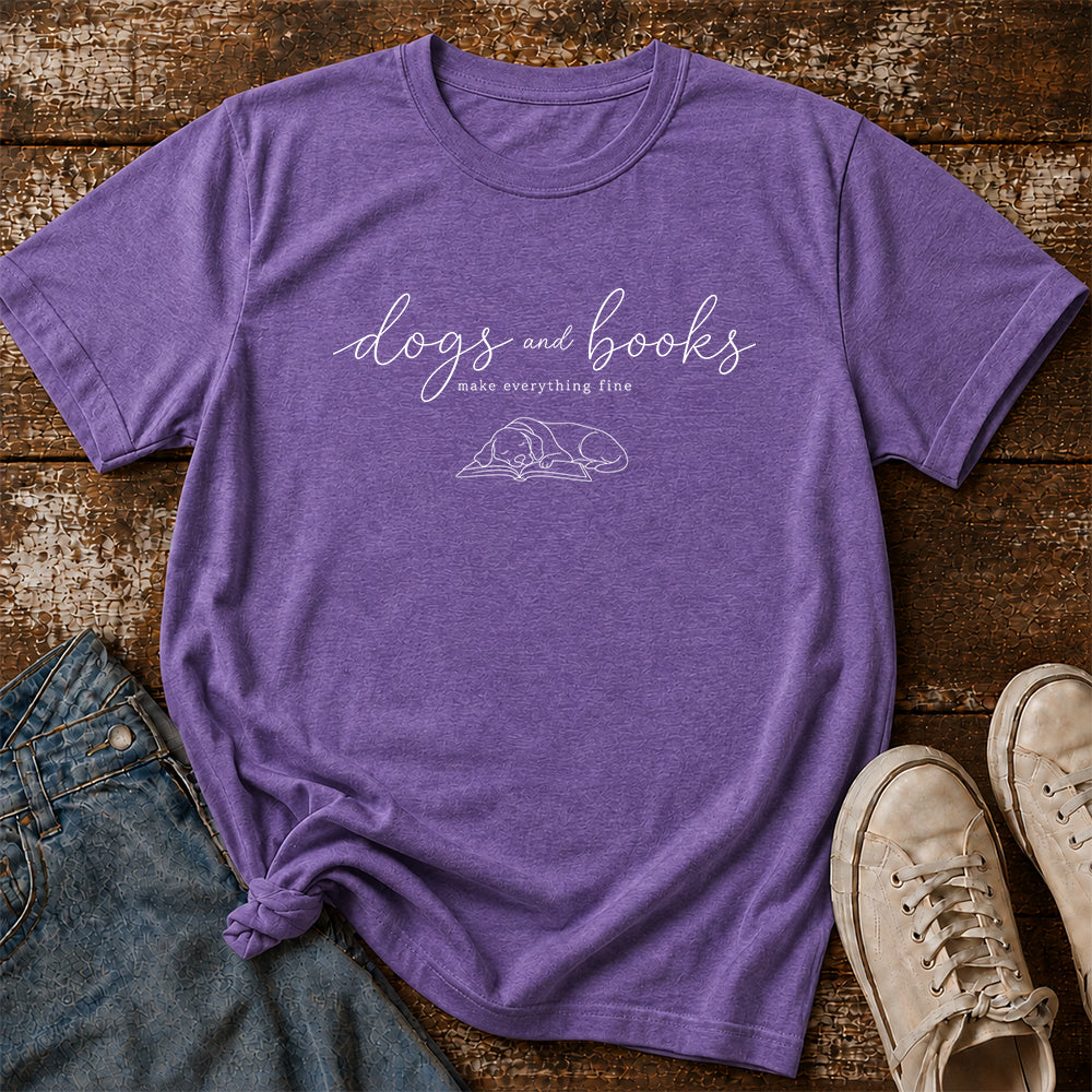 Dogs And Books - Everything Fine Cotton T-Shirt | Dog Lover & Reader Gift Heather Purple
