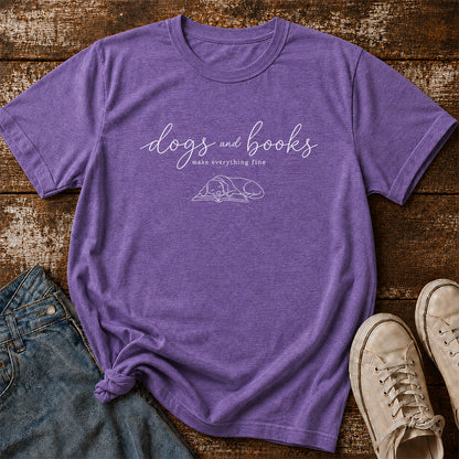 Dogs And Books - Everything Fine Cotton T-Shirt | Dog Lover & Reader Gift Heather Purple