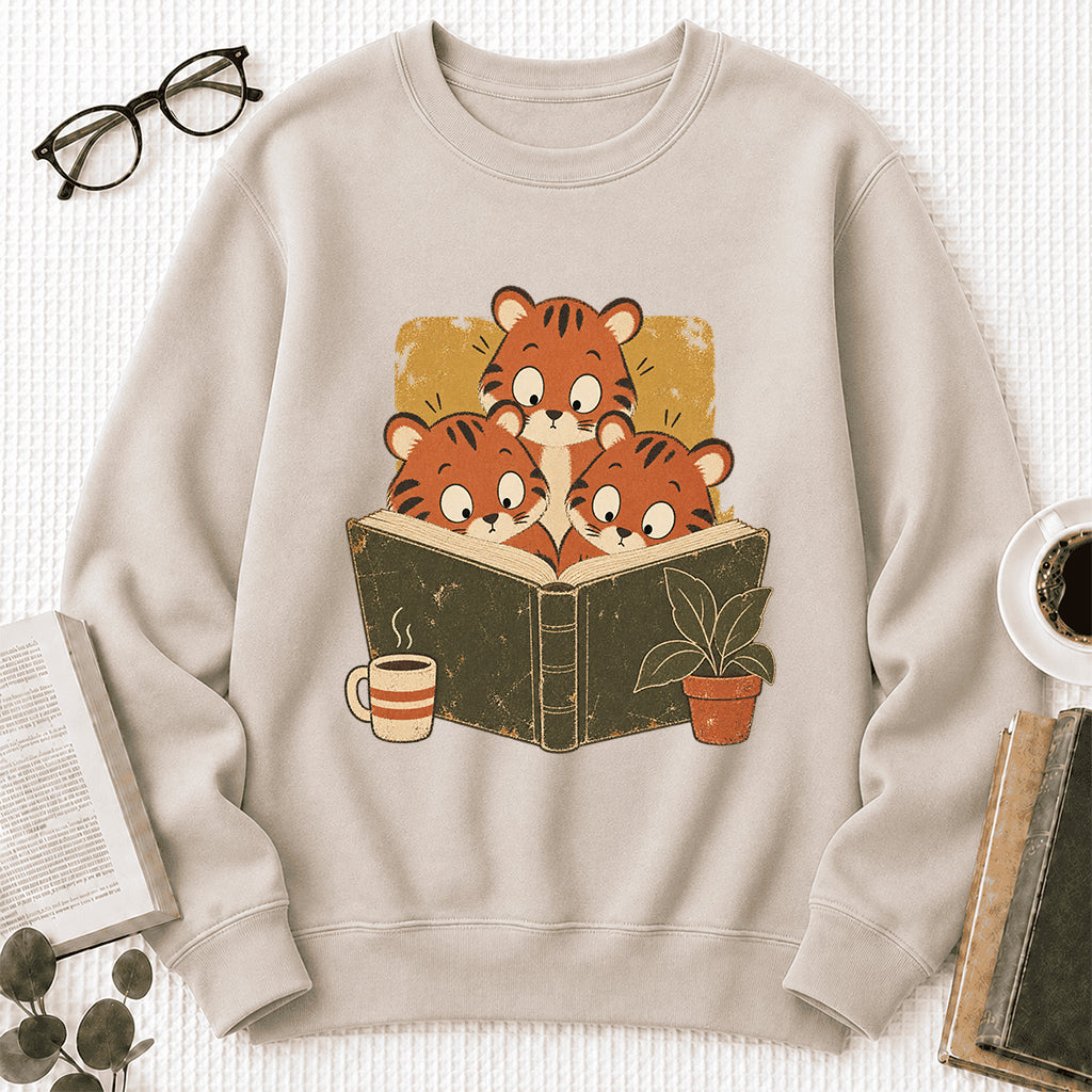 Minimal Japanese Tigers Reading Crewneck Sweatshirt | Reader Gift Sand
