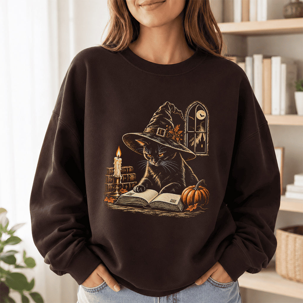Reading Black Cat Witch Printed Sweatshirt | Halloween Book Lover Gift Dark Chocolate
