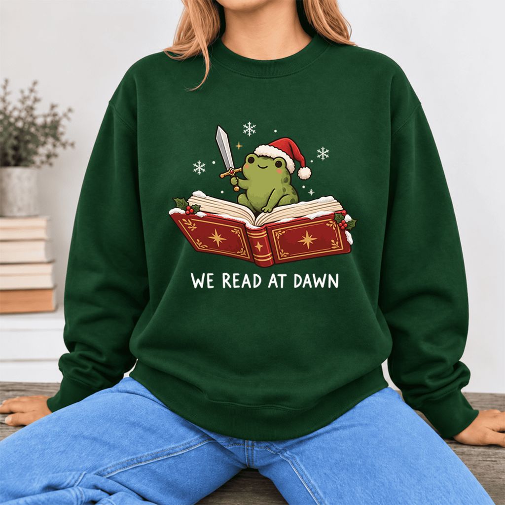 We Read At Dawn Frog Softstyle Sweatshirt | Christmas Book Lover Gift Forest Green