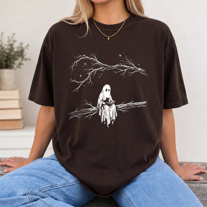 Reading Ghost With Black Cat Printed T-Shirt | Halloween Cat Lover Reader Gift Dark Chocolate