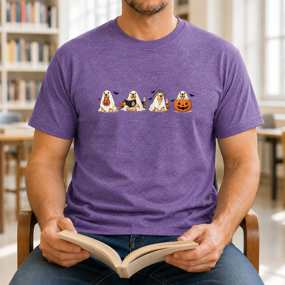 Spooky Golden Retrievers Book Club Printed T-Shirt | Halloween Book Lover Gift Heather Purple