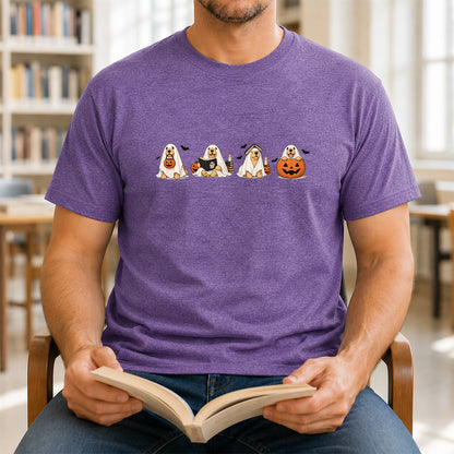 Spooky Golden Retrievers Book Club Printed T-Shirt | Halloween Book Lover Gift Heather Purple