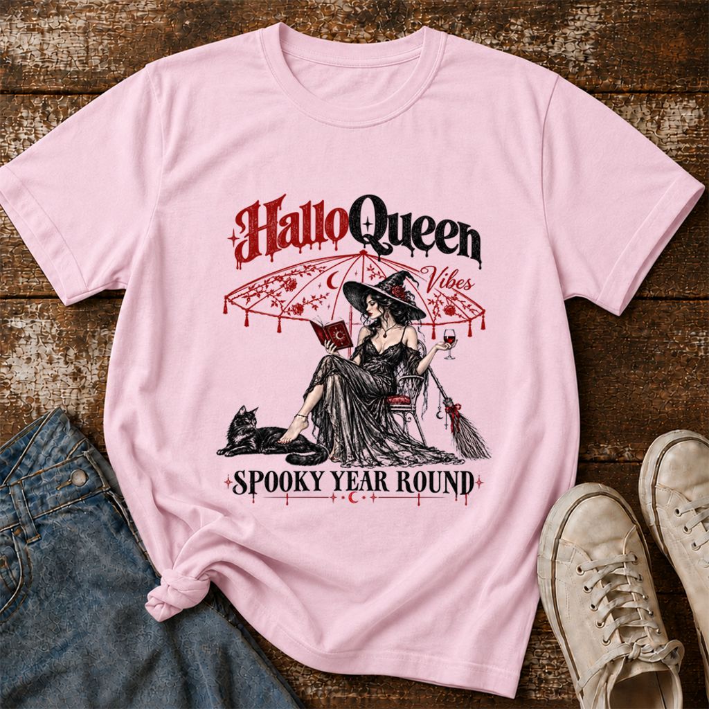 Halloqueen Spooky Year Round Printed T-Shirt | Halloween Book Lover Gift Light Pink