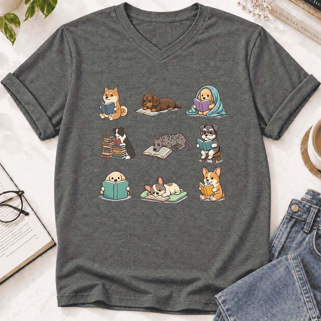 Funny Reading Dogs Ultra-Soft V-Neck | Dog Mom Reader Gift Deep Heather