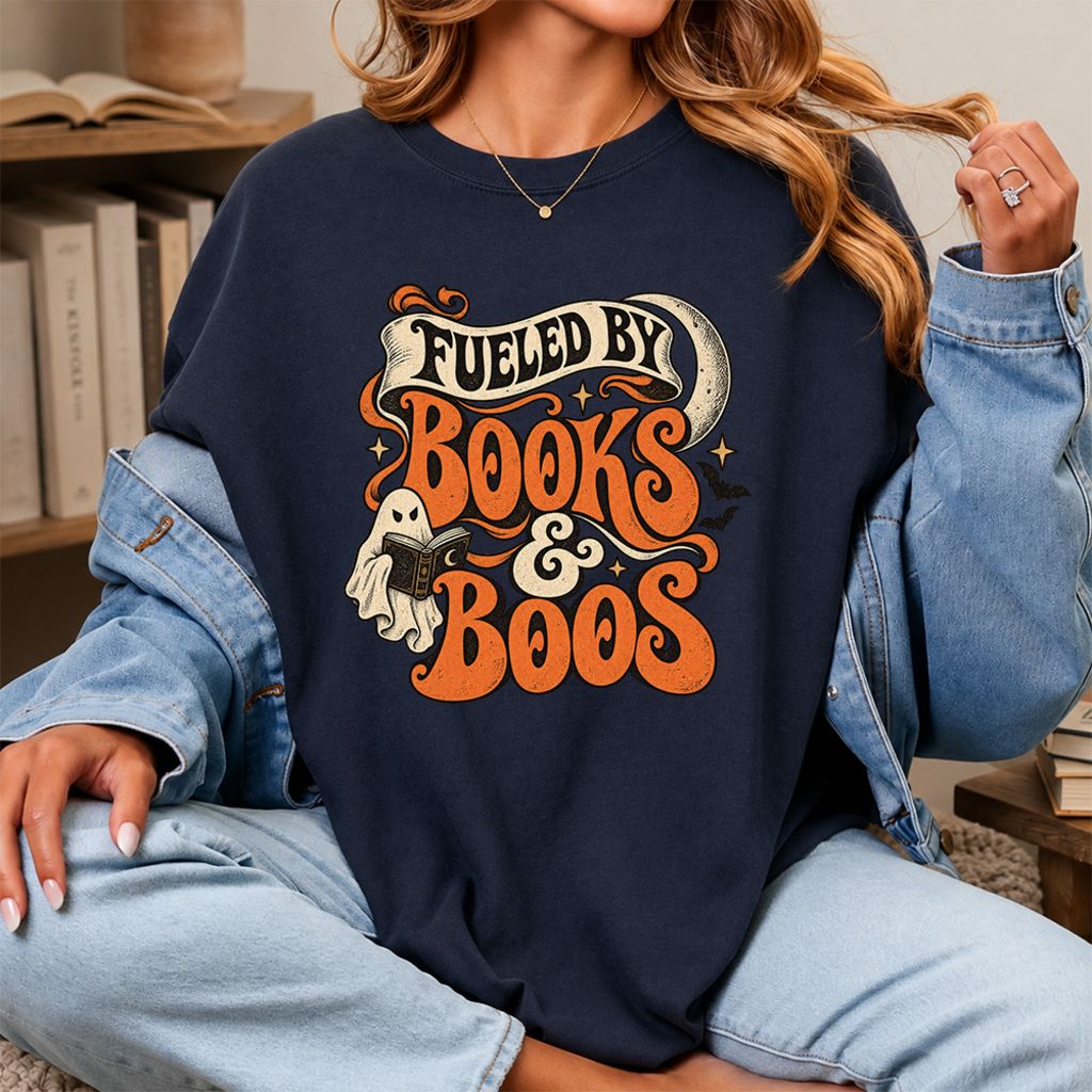 Fueled By Books & Boos Printed T-Shirt | Halloween Book Lover Gift Navy