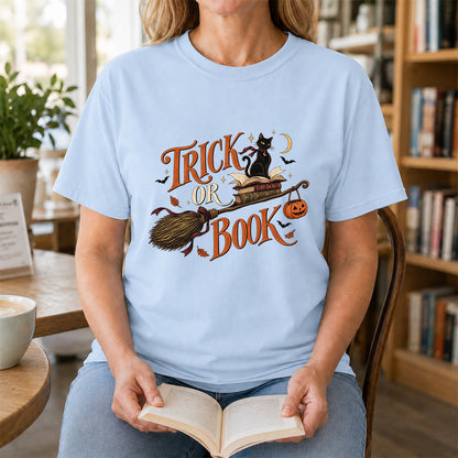 Trick Or Book Black Cat Printed T-Shirt | Halloween Book Lover Gift Light Blue