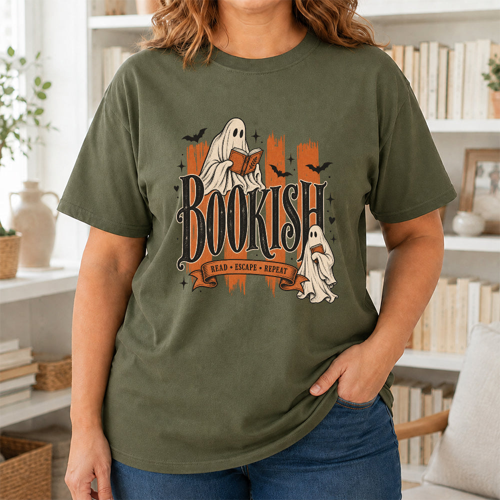 Bookish Read Escape Repeat Printed T-Shirt | Halloween Book Lover Gift Military Green