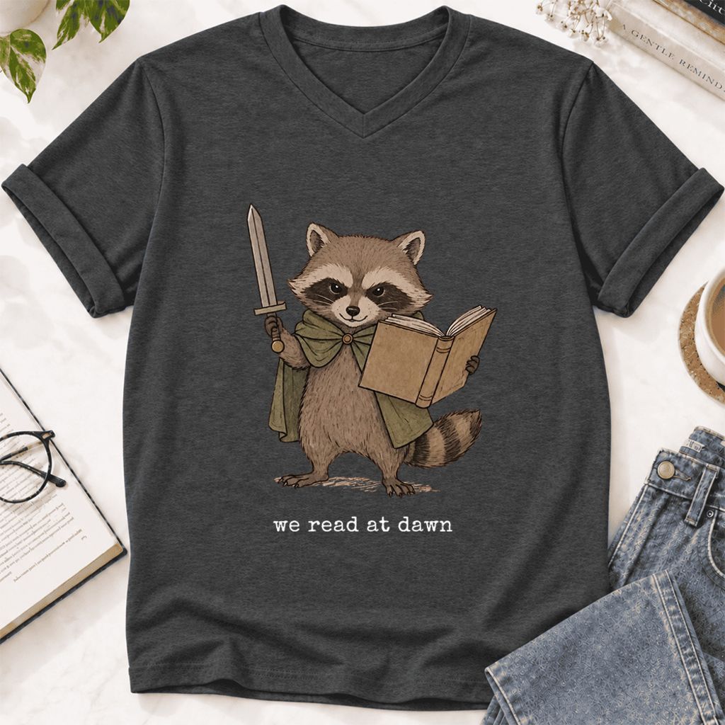 We Read At Dawn Funny Racoon Ultra-Soft V-Neck | Cozy Book Lover Gift Dark Grey Heather