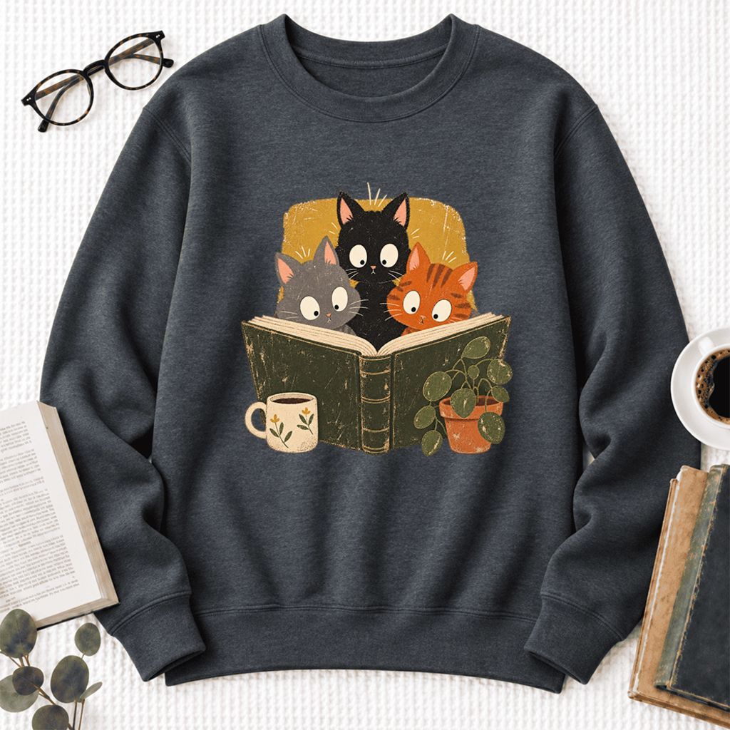 Curious Reading Cats Softstyle Sweatshirt | Cozy Book Lover Gift Dark Heather