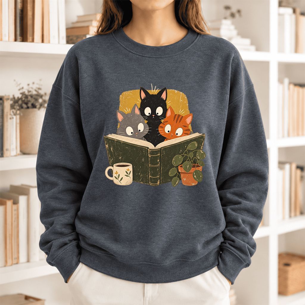 Curious Reading Cats Softstyle Sweatshirt | Cozy Book Lover Gift Dark Heather