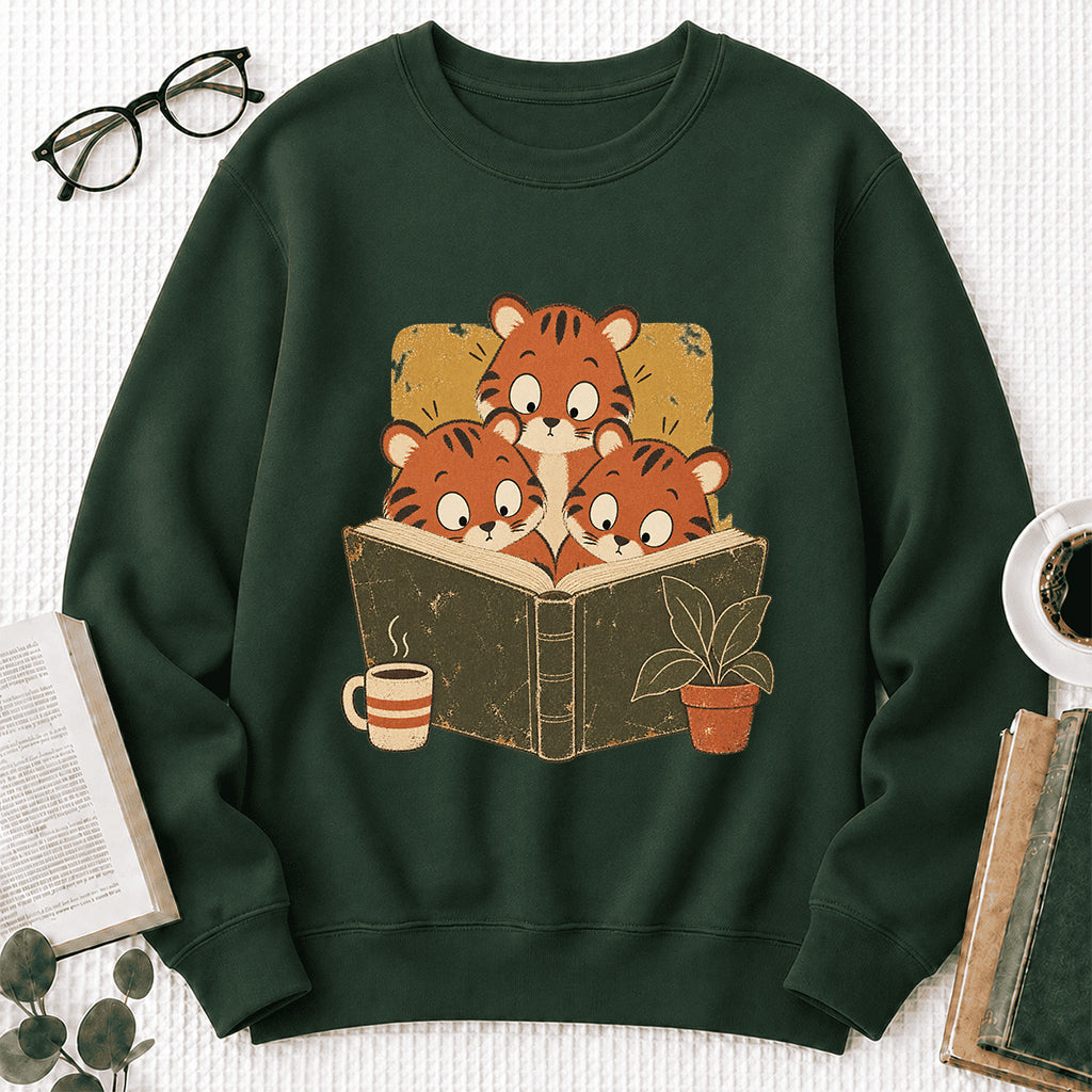 Minimal Japanese Tigers Reading Crewneck Sweatshirt | Reader Gift Forest Green