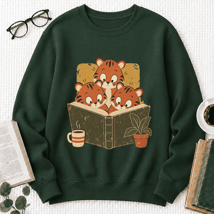 Minimal Japanese Tigers Reading Crewneck Sweatshirt | Reader Gift Forest Green