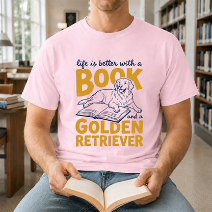 Life Is Better With A Book And A Golden Retriever Softstyle T-Shirt | Book Lover Gift Light Pink