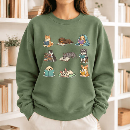 Funny Reading Dogs Embroidered Sweatshirt | Dog Mom Reader Gift Military Green