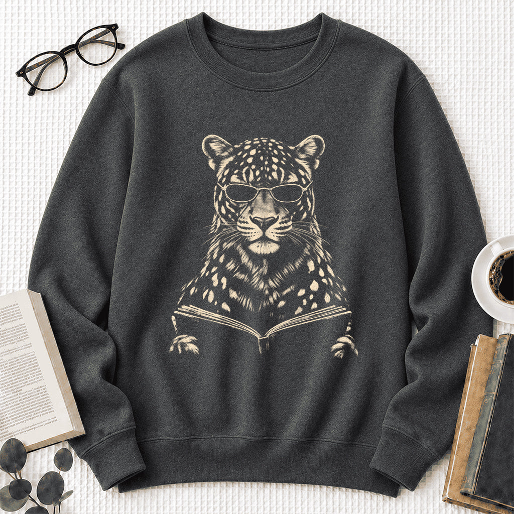 Leopard Reading Book Crewneck Sweatshirt | Reader Gift Dark Heather