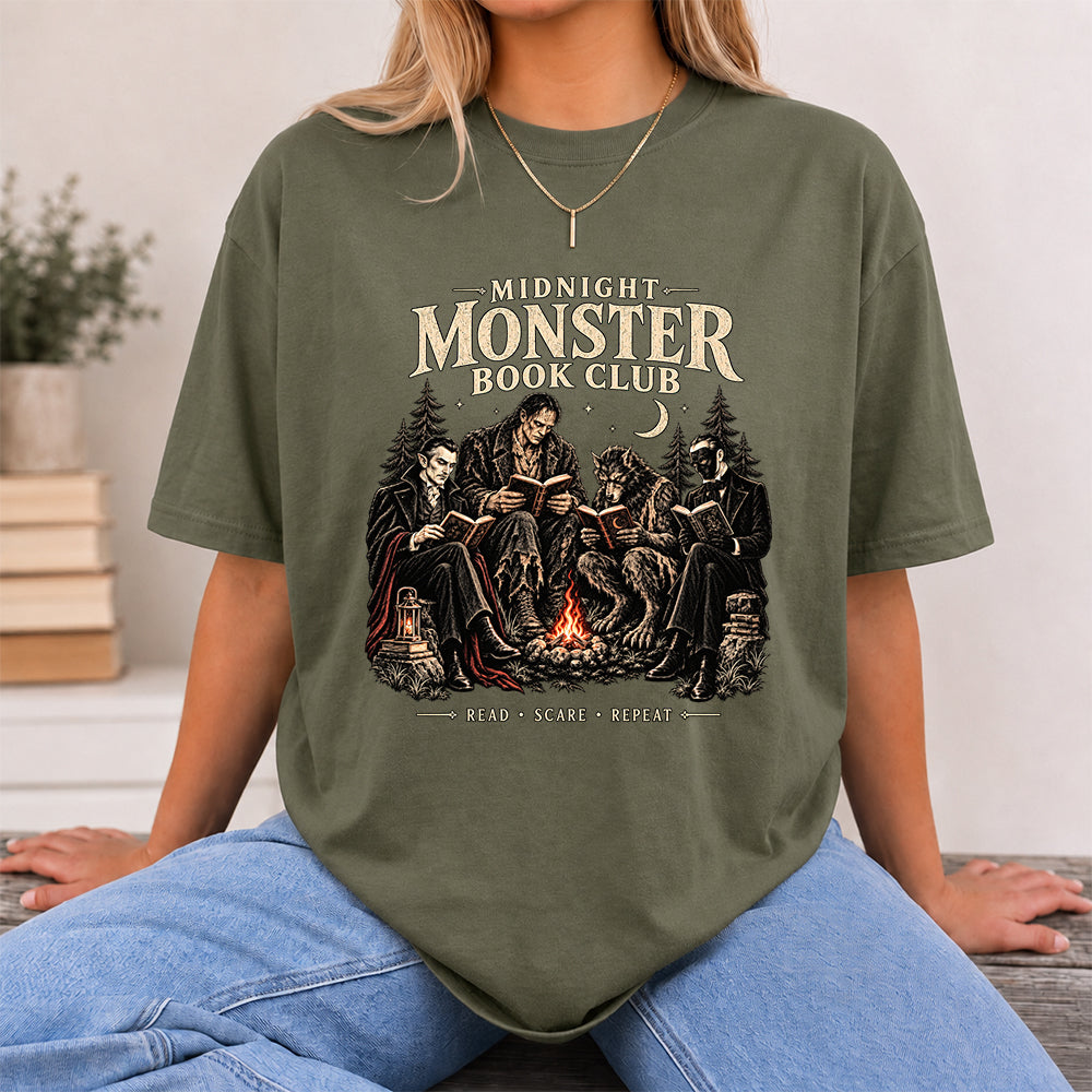 Midnight Monster Book Club Printed T-Shirt | Halloween Book Lover Gift Military Green