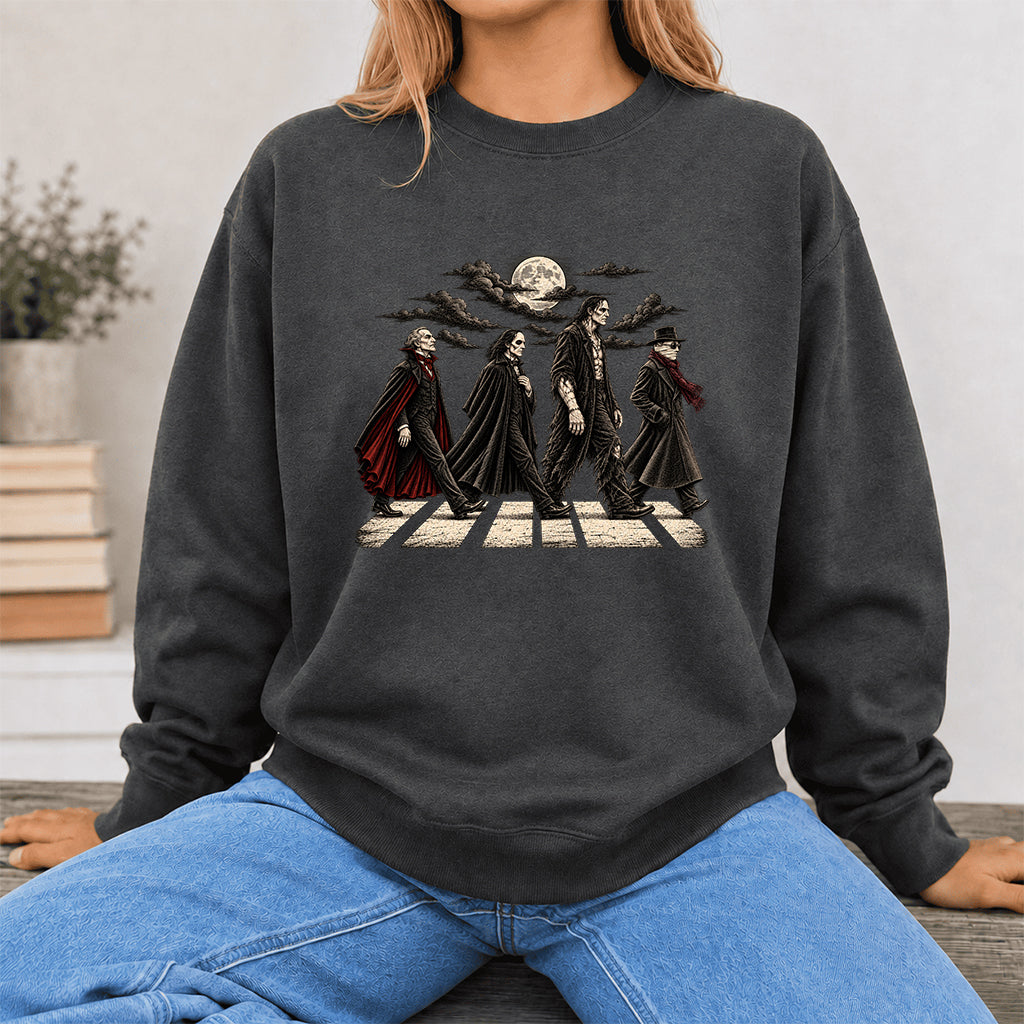 Monsters Road Printed Sweatshirt | Halloween Book Lover Gift Dark Heather