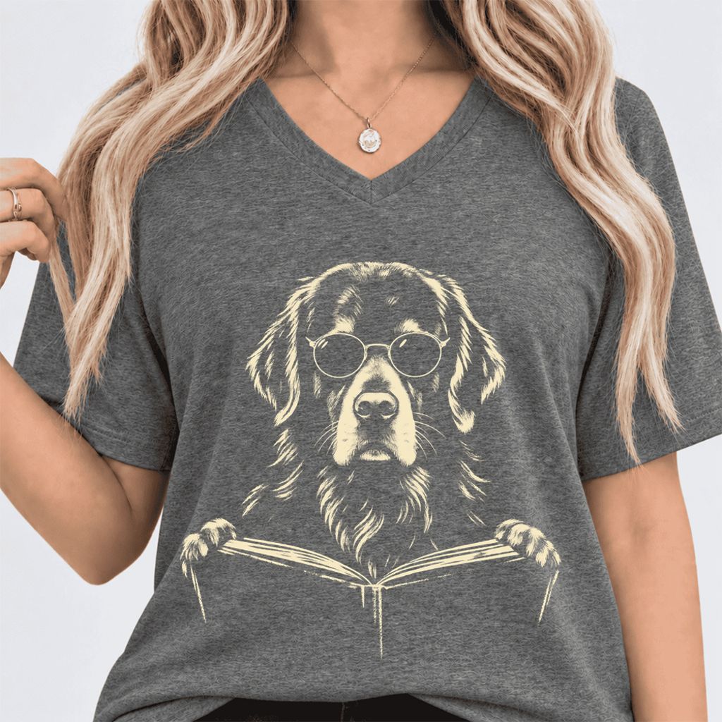 Golden Retriever Reading Book Ultra-Soft V-Neck | Dog Mom Reader Gift Deep Heather