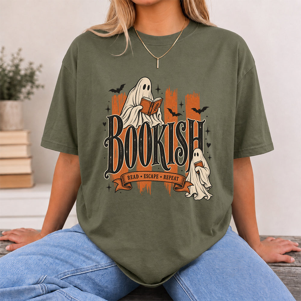 Bookish Read Escape Repeat Printed T-Shirt | Halloween Book Lover Gift Military Green