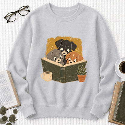 Minimal Japanese Dogs Reading Crewneck Sweatshirt | Reader Gift Sport Grey