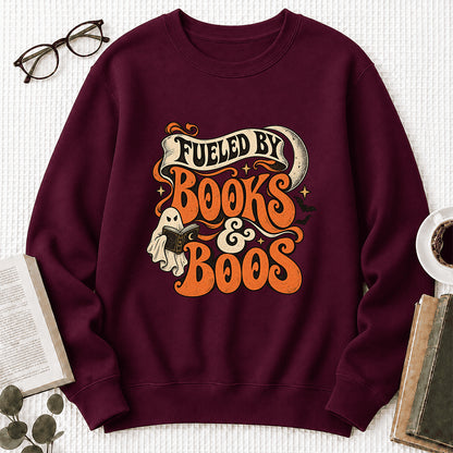 Fueled By Books & Boos Printed Sweatshirt | Halloween Book Lover Gift Maroon