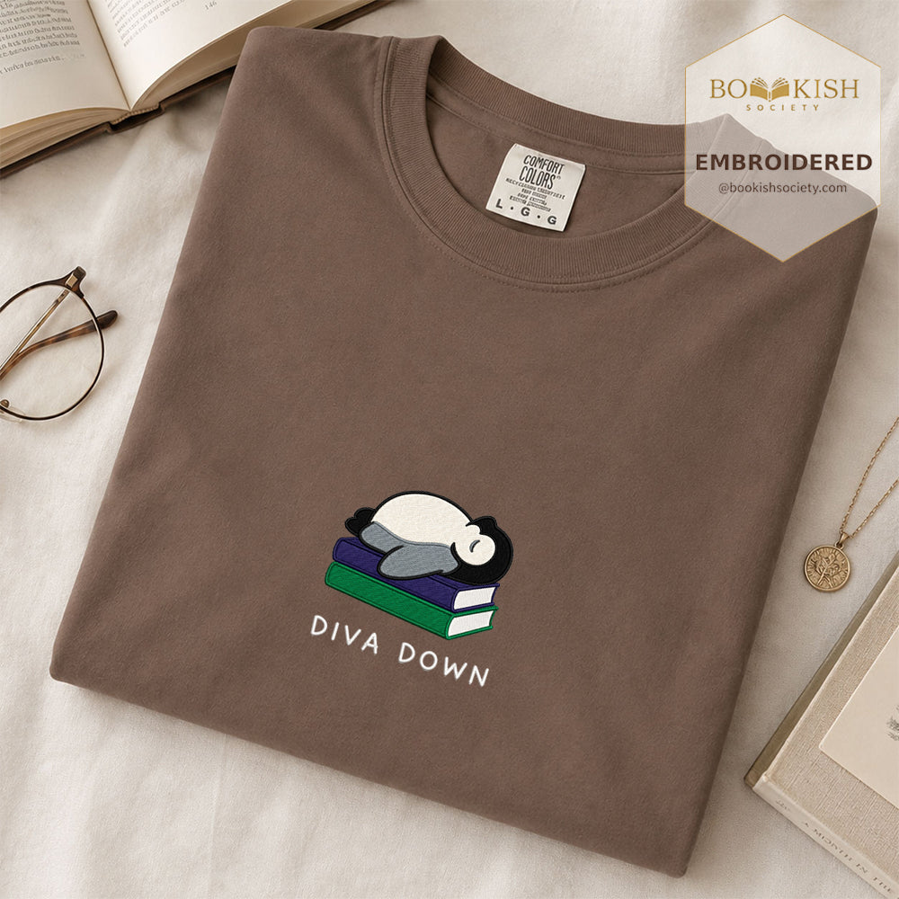 Embroidered Diva Down Penguin Comfort Color® T-shirt Book Lover Gift Espresso