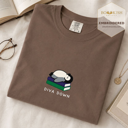Embroidered Diva Down Penguin Comfort Color® T-shirt Book Lover Gift Espresso