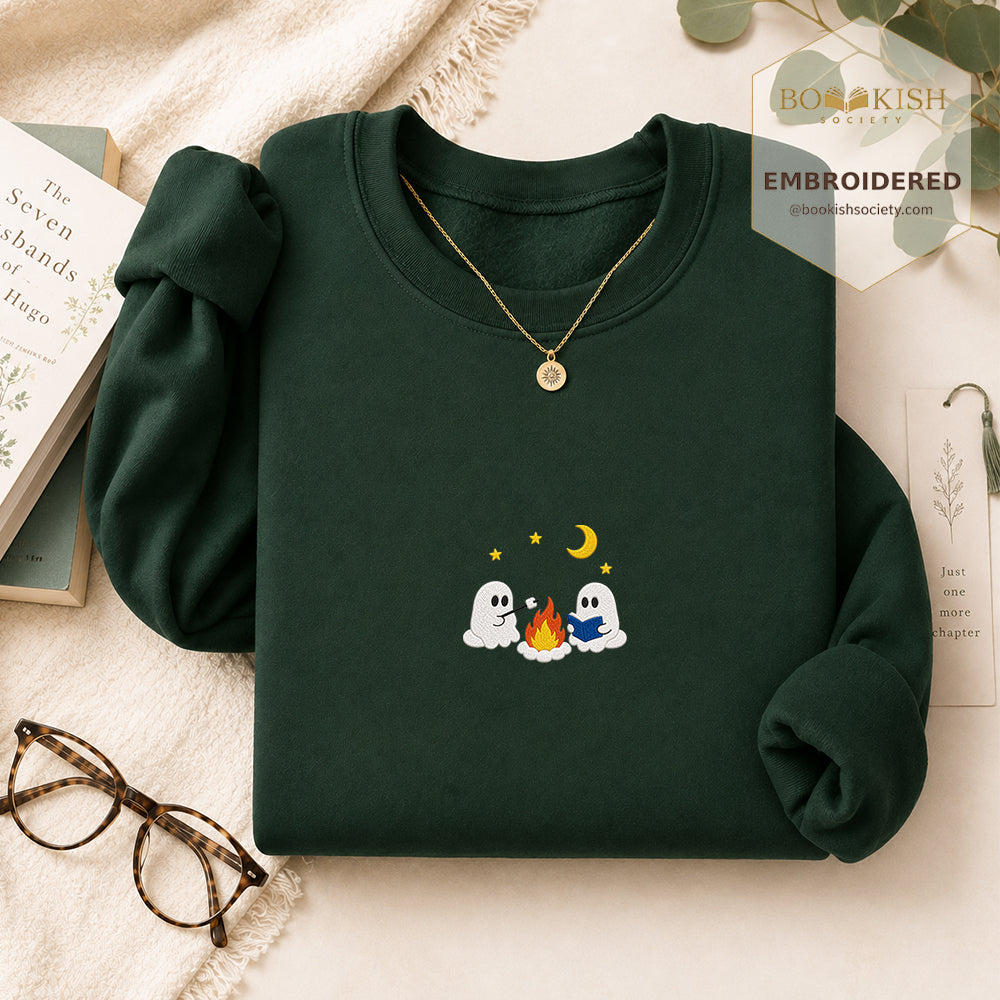 Cute Ghost Camping Embroidered Sweatshirt | Reader Gift Forest Green