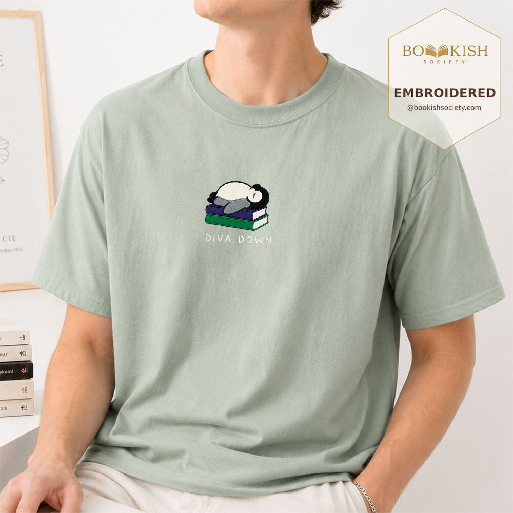 Embroidered Diva Down Penguin Comfort Color® T-shirt Book Lover Gift Bay