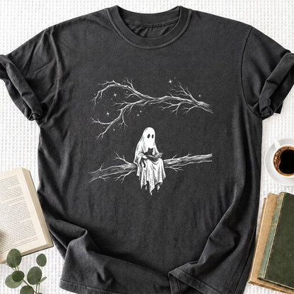 Reading Ghost With Black Cat Printed T-Shirt | Halloween Cat Lover Reader Gift Dark Heather
