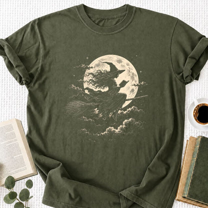 Reading Witch On The Flying Broom Printed T-Shirt | Halloween Book Lover Gift Military Green