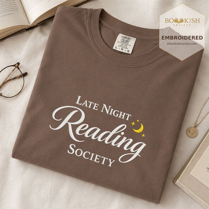 Late Night Reading Society Embroidered Comfort Color® T-shirt | Book Lover Gift Espresso