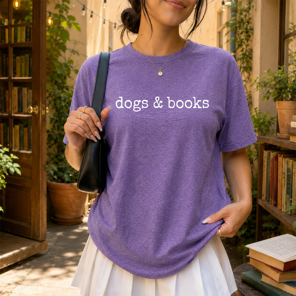 Dogs & Books Sport Cotton T-Shirt | Dog Lover & Reader Gift Heather Purple
