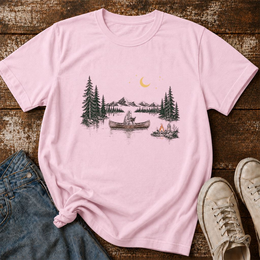 Reading Ghost On The Boat Printed T-Shirt | Spooky Book Lover Gift Light Pink